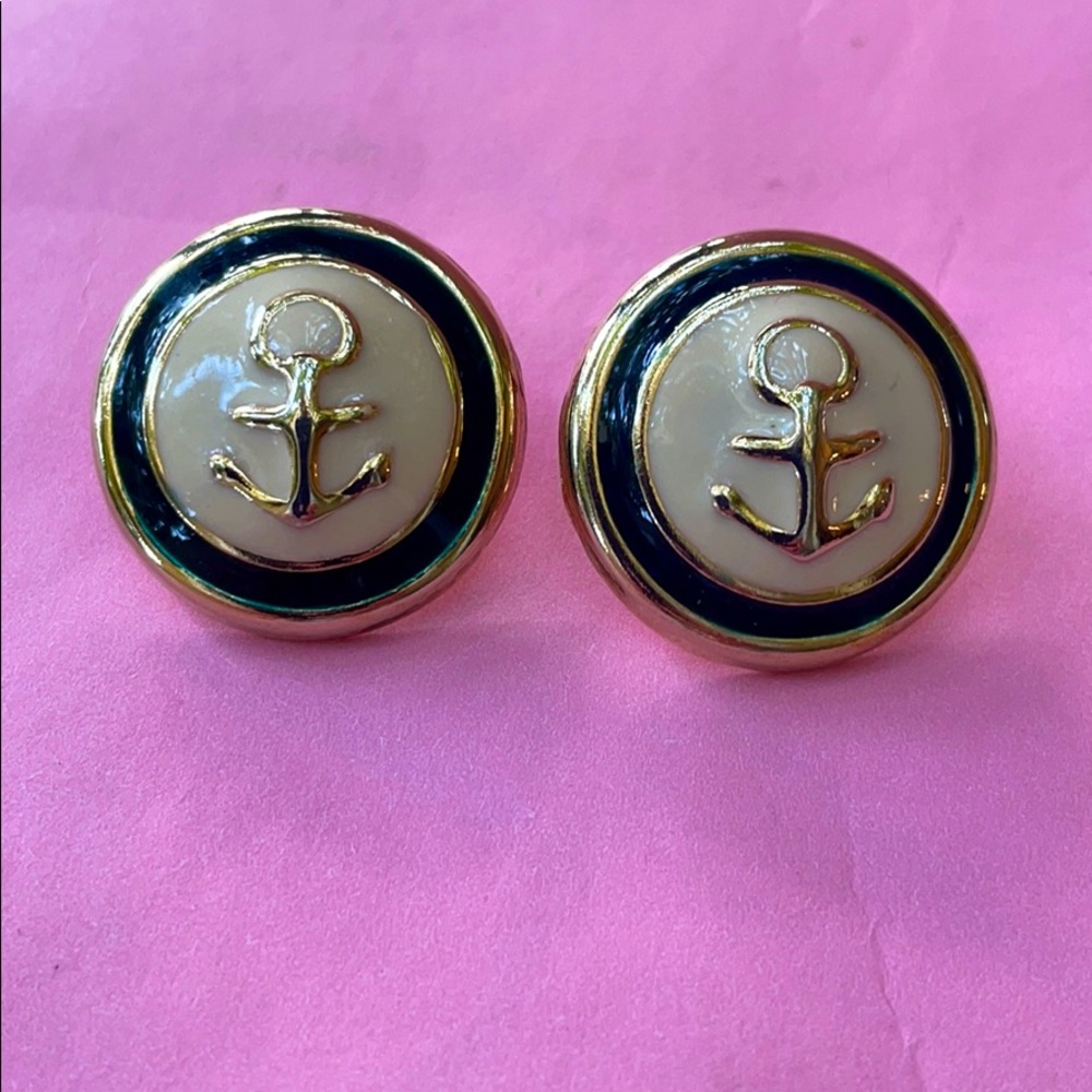 Vintage 80’s navy blue/cream/gold earrings